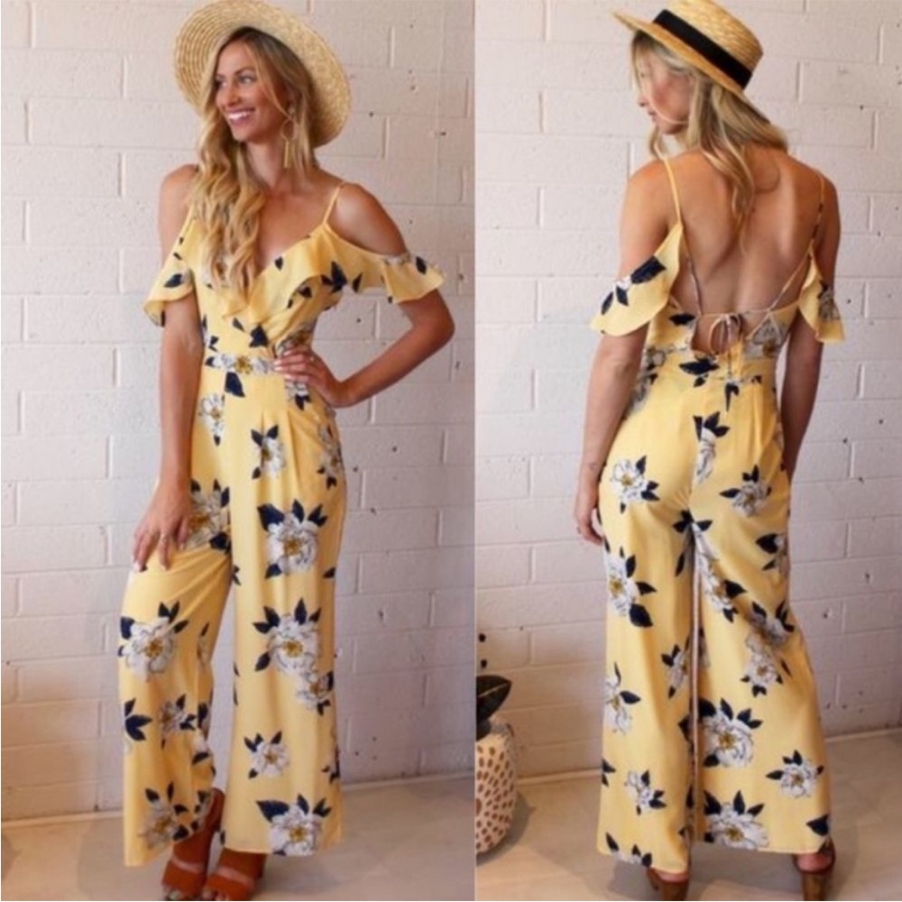 JOA Yellow Floral Ruffle Off Shoulder Jumpsuit NWT SMALL